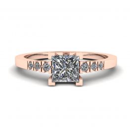 Princess Cut Diamond Ring with 3 Small Side Diamonds Rose Gold