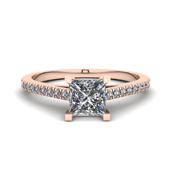 Princess Cut Scalloped Pave Engagement Ring Rose Gold, Enlarge image 1