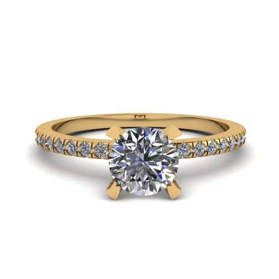 Classic Round Diamond Ring with thin side pave Yellow Gold, Enlarge image 1