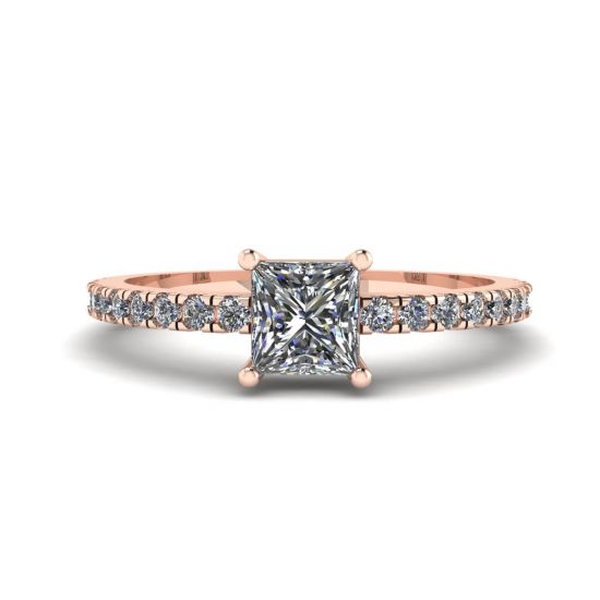 Princess Cut Diamond Ring with Side Pave in 18K Rose Gold, Enlarge image 1