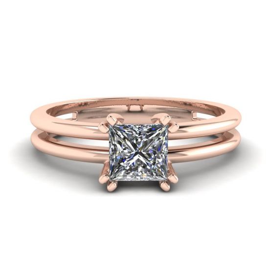 Contemporary Princess Cut Engagement Double Ring Rose Gold, Enlarge image 1