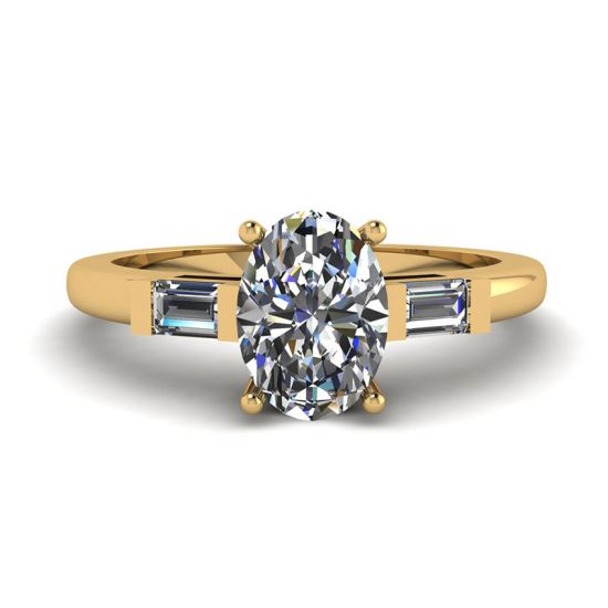 Oval Diamond Side Baguettes Yellow Gold Ring, Enlarge image 1