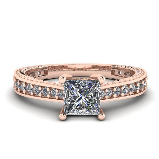 Oriental Style Princess Diamond Ring with Pave in 18K Rose Gold, Enlarge image 1