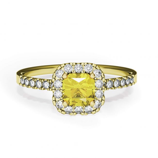 Cushion 0.5 ct Yellow Diamond Ring with Halo Yellow Gold