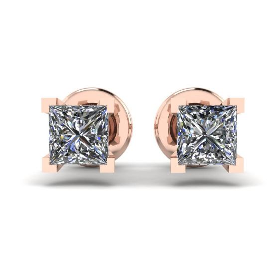 Princess-Cut Diamond Stud Earrings Rose Gold, Enlarge image 1