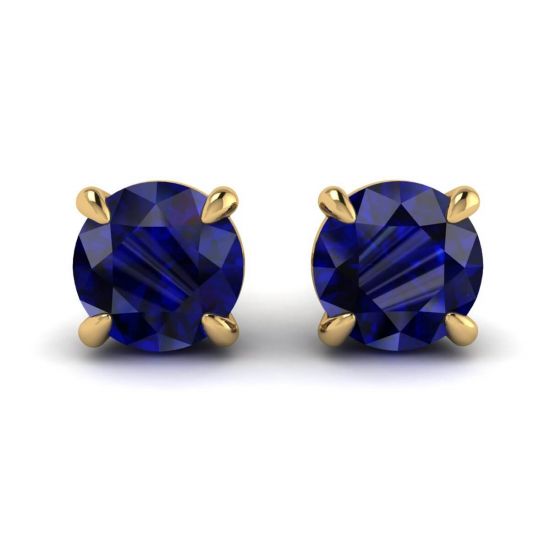 Classic Blue Sapphire Stud Earrings Yellow Gold , Enlarge image 1