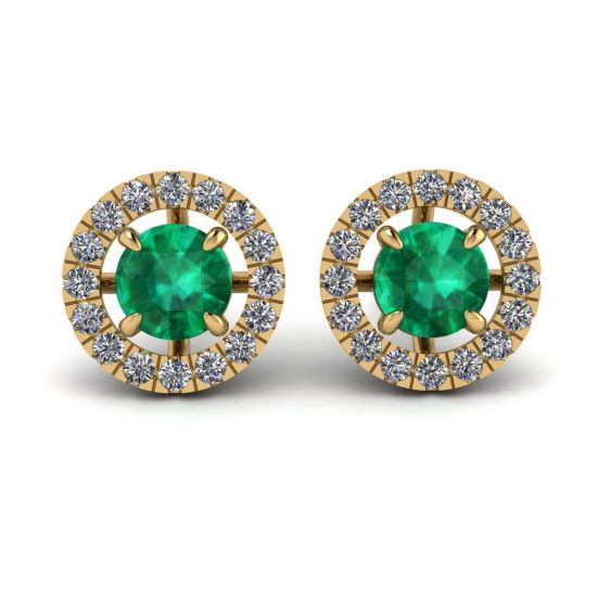 Emerald Stud Earrings with Detachable Diamond Halo Jacket Yellow Gold, Enlarge image 1