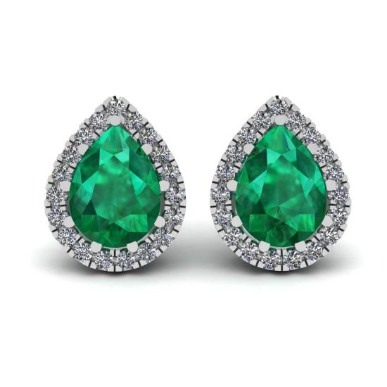 Pear-Shaped Emerald with Diamond Halo Earrings, Enlarge image 1