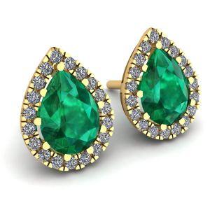 Pear-Shaped Emerald with Diamond Halo Earrings Yellow Gold - Photo 1