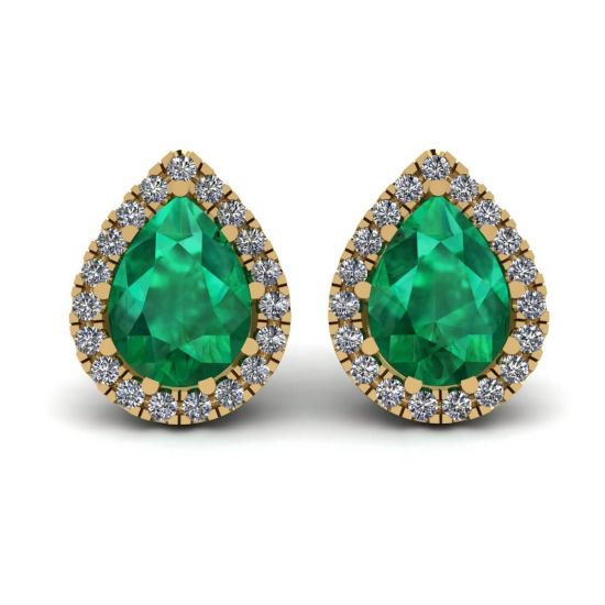 Pear-Shaped Emerald with Diamond Halo Earrings Yellow Gold, Enlarge image 1