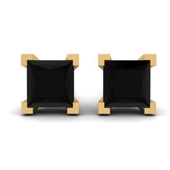 4 mm Princess Cut Black Diamond Stud Earrings Yellow Gold, Enlarge image 1
