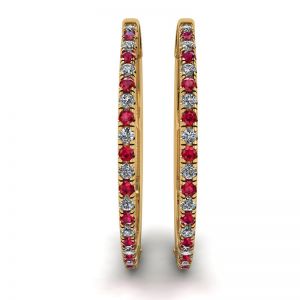 Yellow Gold Hoop Earrings with Rubies and Diamonds  - Photo 2
