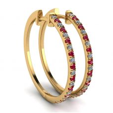 Yellow Gold Hoop Earrings with Rubies and Diamonds 
