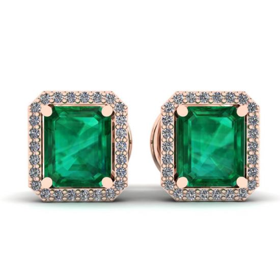 2 carat Emerald with Diamond Halo Stud Earrings Rose Gold, Enlarge image 1