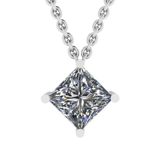 Rhombus Princess Cut Diamond Solitaire Necklace White Gold, Enlarge image 1