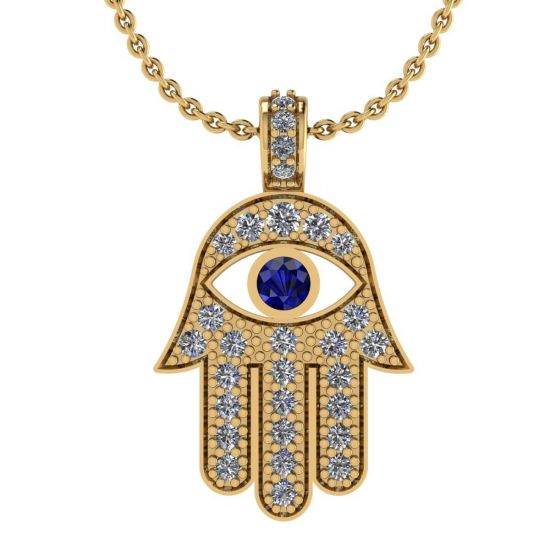 Hamsa Pendant with Diamonds and Sapphires Yellow Gold, Enlarge image 1