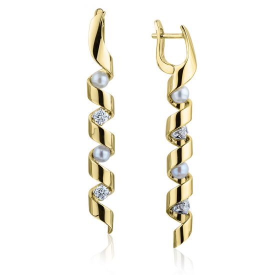 Long Earrings with Sea Pearls and Diamonds Yellow Gold - Ruban Collection, Enlarge image 1
